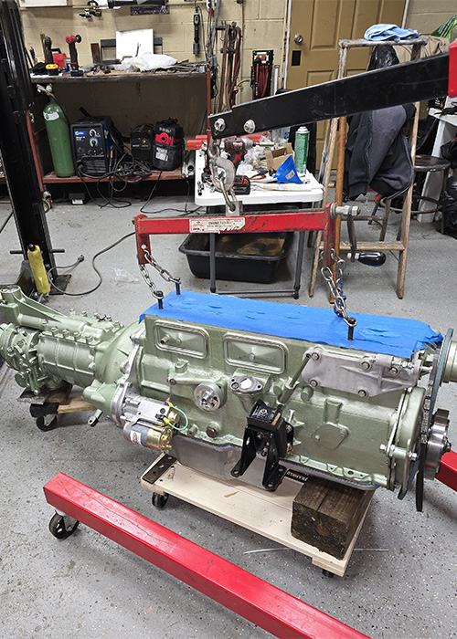 Austin Healey 3000 engine block and gearbox during rebuild