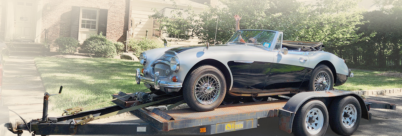Austin Healey 3000 being trailered home after purchase in New Jersey