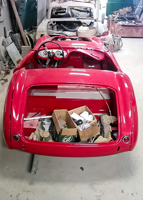 Austin Healey 100 body shell during restoration in the workshop