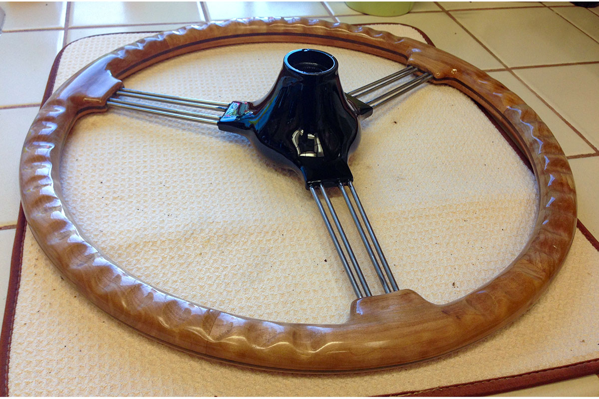 Completed ribbon maple steering wheel made for Pete Davies' Austin Healey 3000
