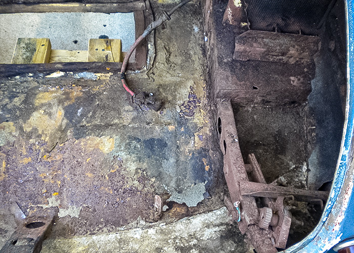 Corroded boot floor area of Pete Davies' Austin Healey 3000 before restoration