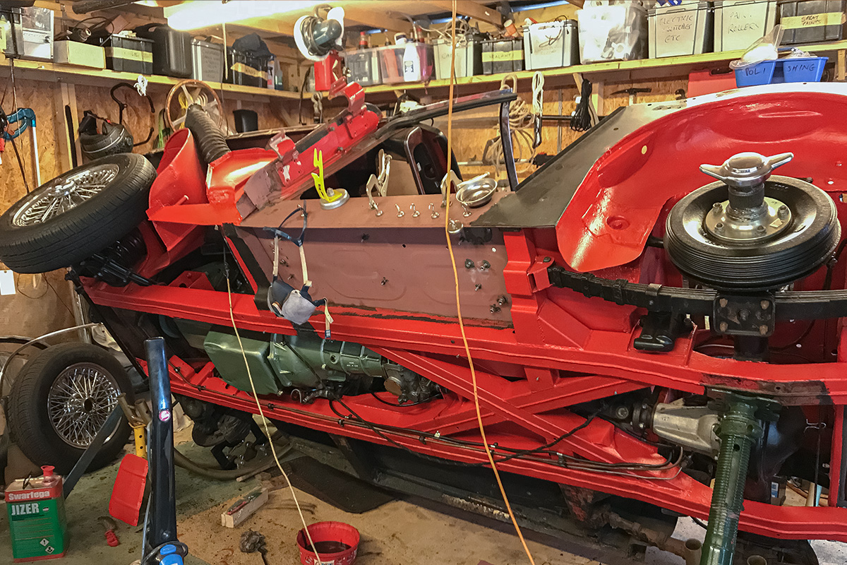Austin Healey 3000 underside and chassis during rebuilding and repainting