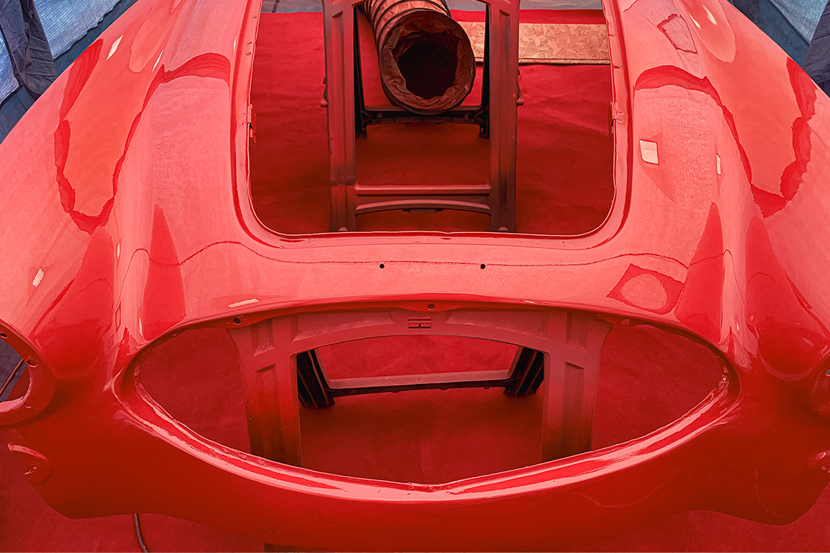 Reassembled Austin Healey 3000 body and chassis during restoration in Peter Hunt's garage