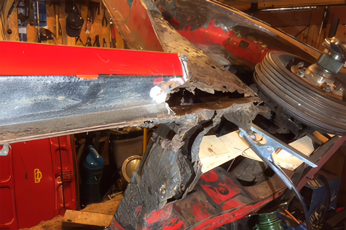 Rust damage around the sill and lower body structure on Peter Hunt's Austin Healey 3000