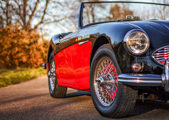 Front wing and wire wheel detail of Tobias Olschewski's Austin Healey 100/6