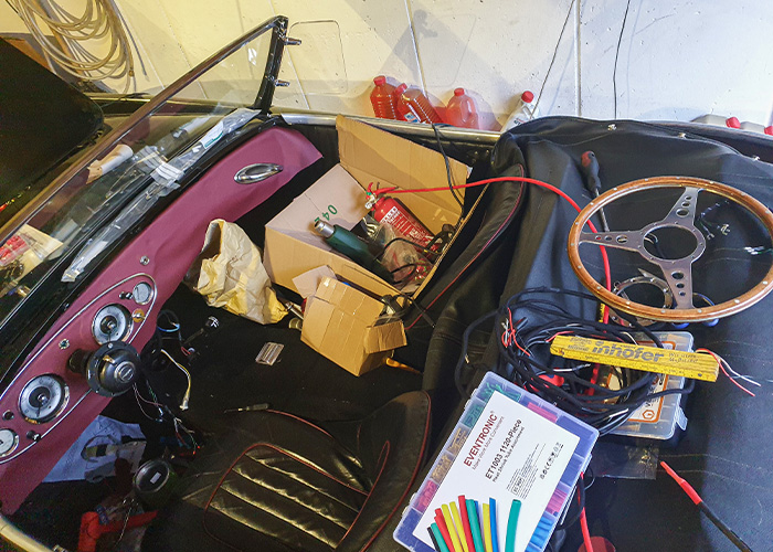 Austin Healey 100/6 interior stripped during rewiring and restoration