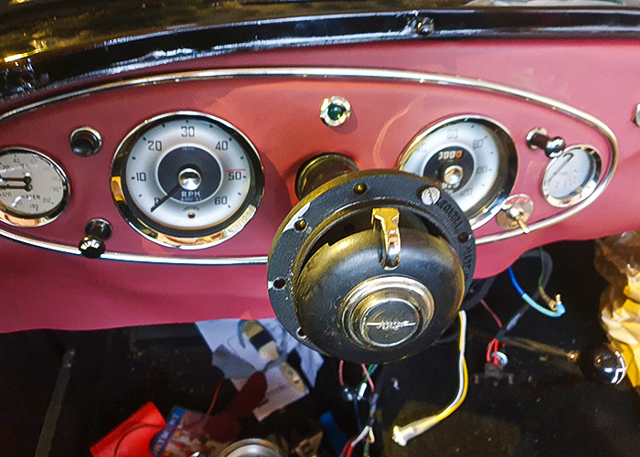 Austin Healey 100/6 dashboard and instruments during interior restoration