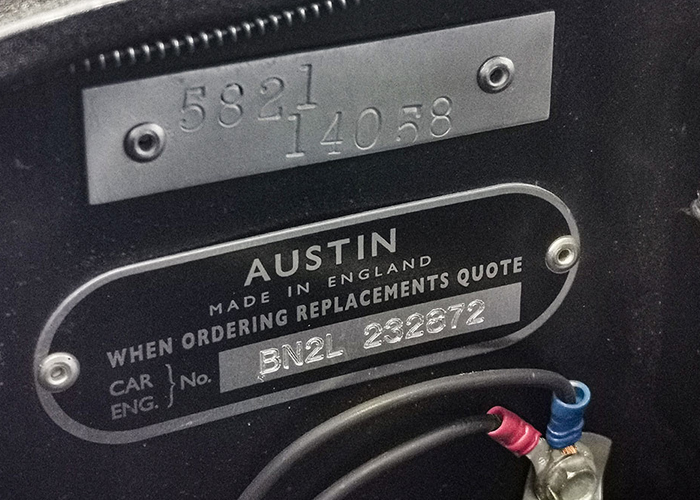 Austin Healey BN1 to BN4 car and body number plates on the firewall