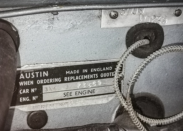 Austin Healey BN6 to BJ8 rectangular chassis identification plate on the firewall