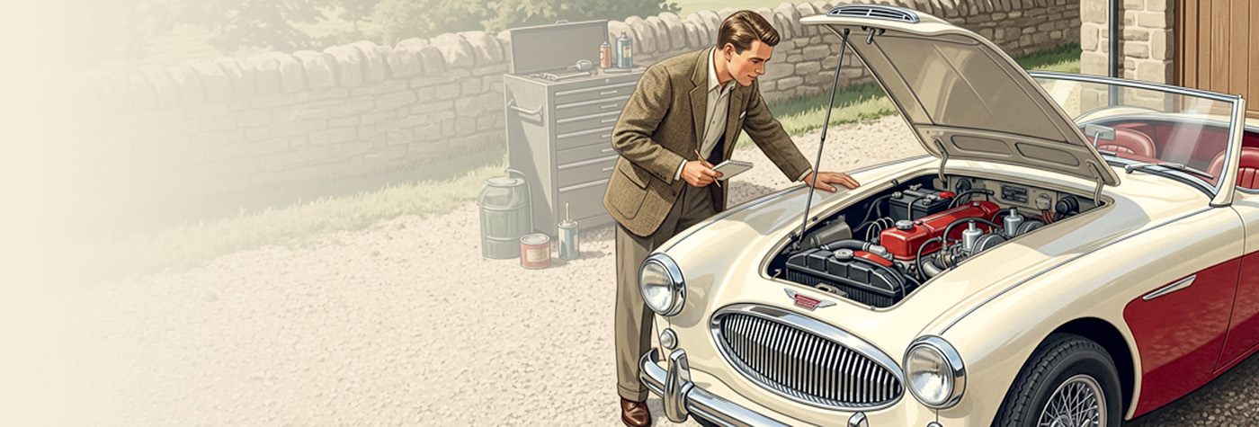 Austin Healey owner checking chassis and engine number locations in an open engine bay